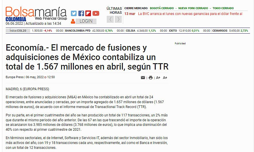 Economa.- El mercado de fusiones y adquisiciones de Mxico contabiliza un total de 1.567 millones en abril, segn TTR